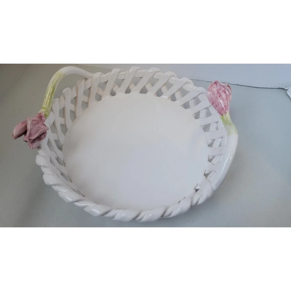 Vintage White Ceramic Lattice Rim Serving Tray With Tulip‎ Handles
